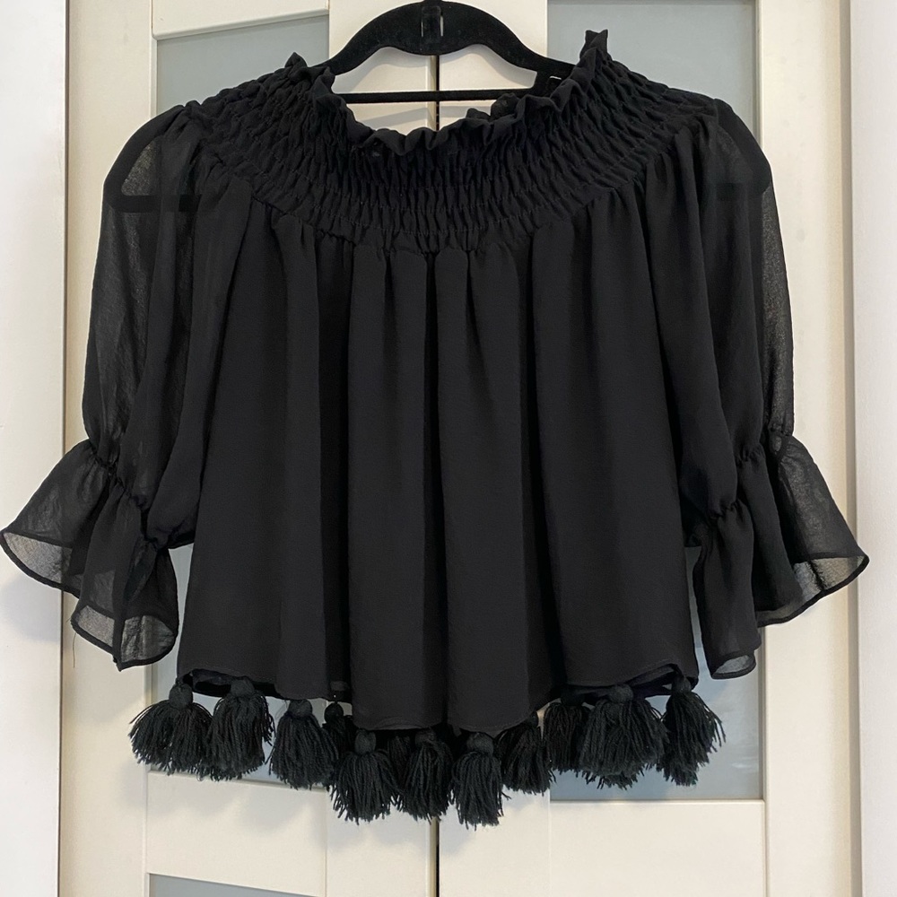Misa Off Shoulder Tassel Trim Chiffon Top Size XS Pre-Owned